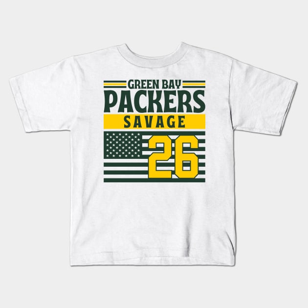 Green Bay Packers Savage 26 American Flag Football Kids T-Shirt by Astronaut.co